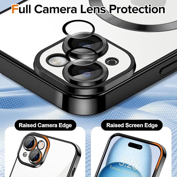 Hython Magnetic Clear for iPhone 15 Plus Case with Camera Lens Protector [Compatible with MagSafe] Luxury Plating Edge Slim Soft TPU Cover Protective Phone Case for iPhone 15 Plus 6.7", Black