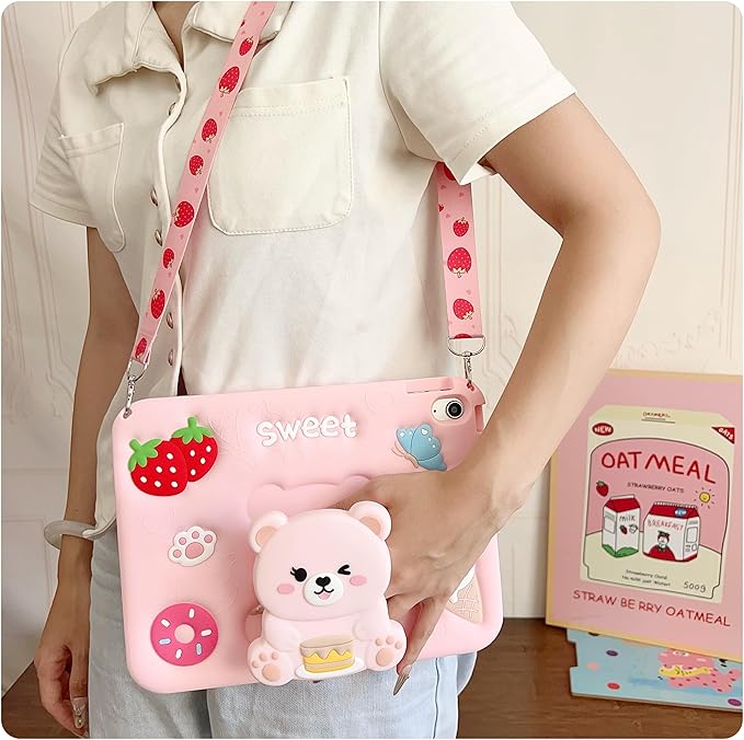 iPad 10th/11th Generation A16 Case Kids - 11 inch Soft Silicone Shockproof Cover with Pencil Holder,Adjustable Shoulder Strap & Stand for School,Cute Bear Strawberry Gift for Teen Girls