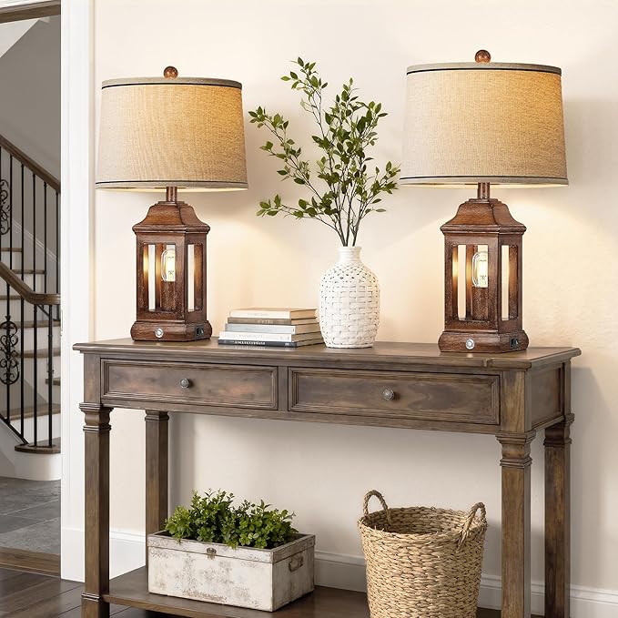 24" Rustic Farmhouse Table Lamps for Living Room, Single Pack Touch Dimmable Nightlight Vintage Bedside Lamps with USB A+C Ports & Dual Light Sources for Bedroom Nightstand End Table, Wood Grain