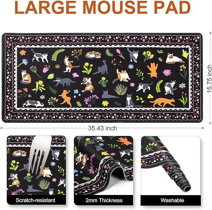 L-SPOUTTO Cute Cat Desk Mat for Keyboard and Mouse,XXL Large Mouse Pad Non-Slip Keyboard Pad Waterproof Desktop Mat for Laptop Computer Work Game Home Office-Cats Black