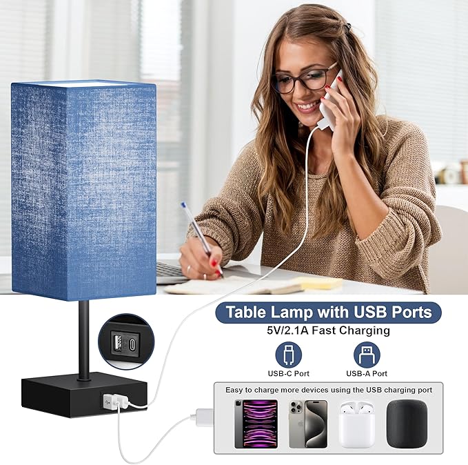 Bedside Table Lamp for Bedroom, 3 Way Dimmable Touch Lamp with USB C+A Charging Ports, Small Nightand Lamps for Bedroom Decor, Living Room, LED Bulbs Included, Upgraded Navy Blue