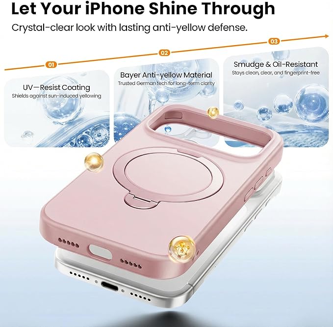 360°Ring Stand for iPhone 17 Pro Max Case, Compatible with MagSafe, Military-Grade Protective,Anti-Yellowing, Scratch-Resistant Back Cover Phone Case for iPhone 17 Pro Max 6.9", Light Pink
