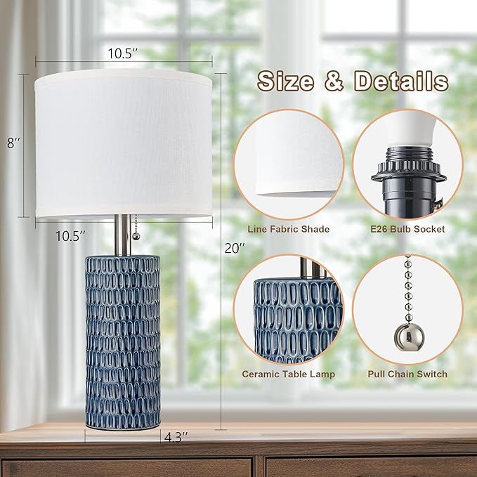 Reaketon Table Lamps for Living Room Set of 2, Ceramic Table Lamps for Bedroom, 20" Modern Lamps for Night Stands, Dark Blue