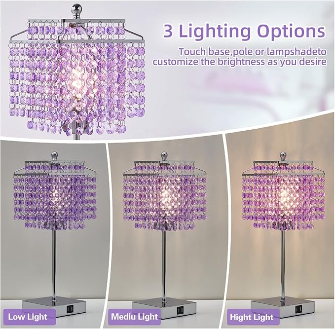 Luvkczc Crystal Table Lamp, Touch Lamp with USB C+A Ports, Dimmable Lamp with Crystal Shade, Purple Nightstand Lamp for Girl Bedroom, Living Room, Bulb Included