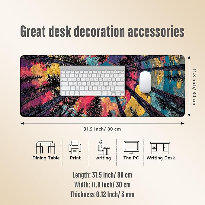 Extended Gaming Mouse Pad, Large Mouse Mat 3 mm Nature Rubber Base Mousepad with Stitched Edges, Non-Slip Desk Mat for Office Home Great Gift 31.5x11.8 Inch (Starry Forest 1)