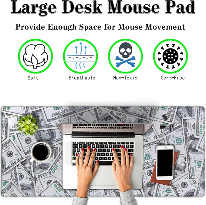 Gaming Desk Mat, Keyboard Mouse Pad Computer Desk Accessories for Men Extra Large Mouse Pads, Table Extender Waterproof Non-Slip Rubber Base, 35.4" X 15.7" for Work/Game Dollars Money Design