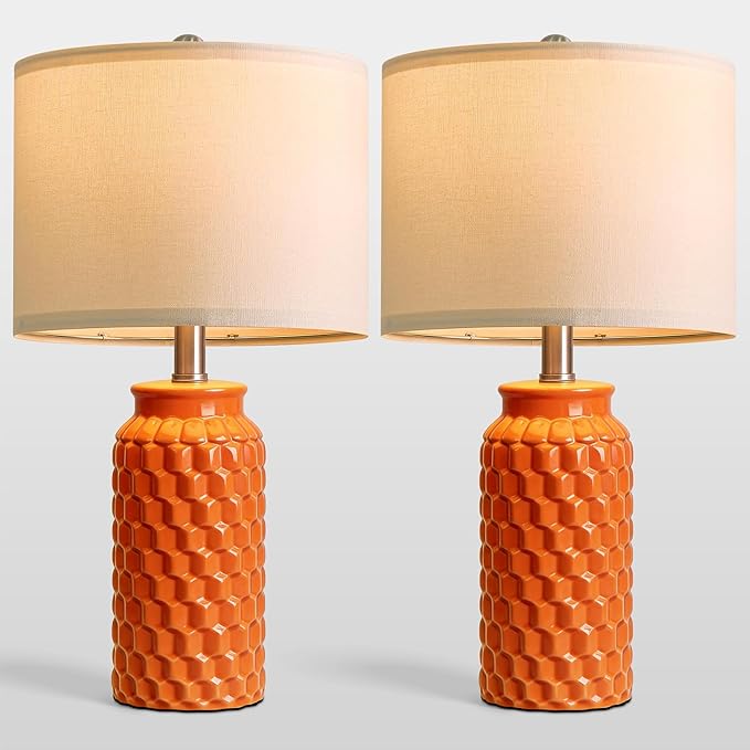 USumkky 20.5" Ceramic Table Lamps Set of 2, Modern Farmhouse Boho Bedside Lamps for Bedroom, Nightstand Lamps for Living Room End Tables, Small Desk Lamps, Orange