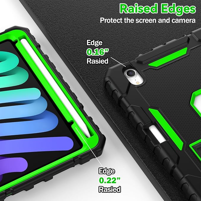 Grifobes Case for iPad mini 7 (A17 Pro) 2024 / Mini 6 2021 8.3 inch, Heavy Duty Shockproof Rugged Cover with Pencil Holder Stand, for I Pad Mini 7th/6th Gen 8.3" Case (Black+Green)