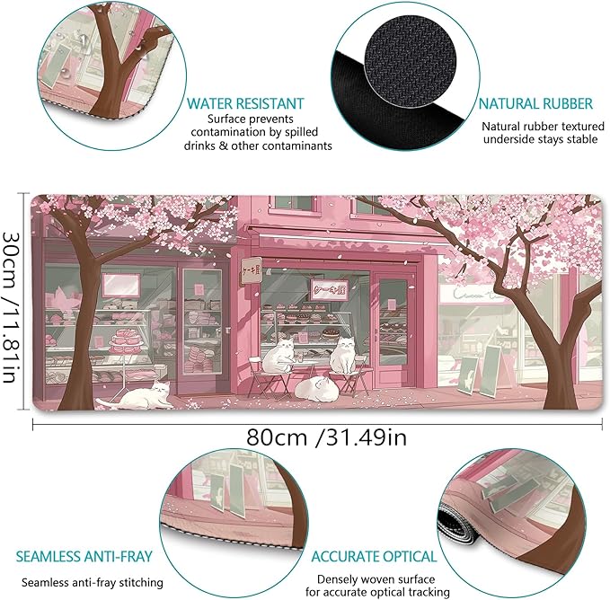 LIMKRIAN Cat Mouse Pad Large Desk Mat, Pink Cherry Blossom Computer Mousepad with Stitched Edges Non-Slip, Keyboard Mouse Pad for Desktop Cute Office Desk Accessories Japanese Dessert House 31.5in
