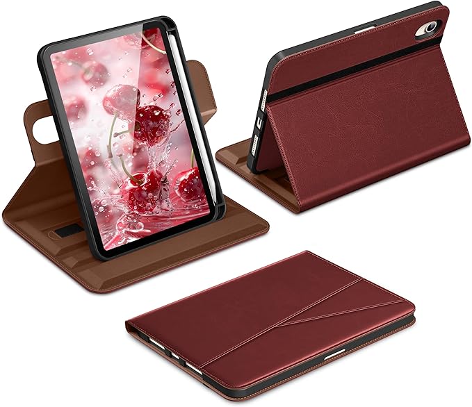 DTTO for iPad mini 7 (A17 Pro) Case, iPad mini 7th / 6th Generation Case (2024/2021), 360 Degree Rotating Premium Leather Folio Stand Cover with Pencil Holder, Burgundy Red