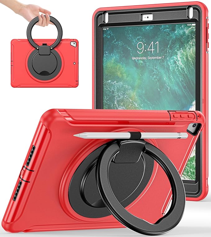 BATYUE Case for iPad 6th Generation 9.7 inch 2018, iPad 5th Gen 2017, iPad Air 2/ iPad Pro 9.7'',Shockproof Protective Cover with Pencil Holder &Rotating Kickstand for Kids,Boys,Girls, Red