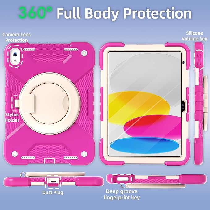 Andnary Case for iPad (A16) 11th Generation 11 inch 2025/10th Generation 10.9 inch 2022, Shockproof Cover with Screen Protector/360° Rotate Handle/Bracket/Pen Holder/Shoulder Strap (Rose Red+White)