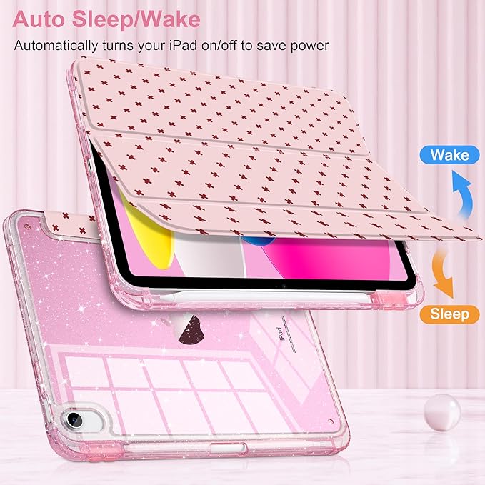 DONGKE for iPad Pro 11 inch Case – Fits M5 2025 / M4 2024, Shockproof Sparkling Glitter Acrylic Back, Pencil Holder, Trifold Stand, Auto Sleep/Wake & Touch ID Support - Pink Cross Dot