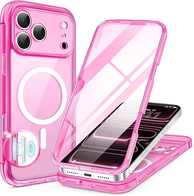 BERFY for iPhone 17 Pro Case, Compatible with MagSafe, Built-in Glass Screen Protector, Camera Protection, Shockproof Full Body Phone case 6.3", Clear Bright Pink