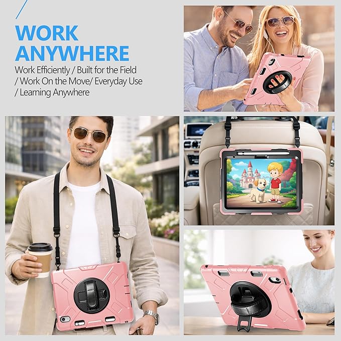 Case for iPad (A16) 11th/10th Generation Case: Protective Cover for iPad 11th Gen 11 Inch 2025 &10th Gen 10.9" 2022 with Screen Protector- Stand- Shoulder Strap- Handle- Pencil Holder-Black+Pink
