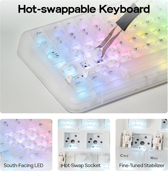 KiiBoom Phantom81 Lite 75% Gasket Mechanical Keyboard, QMK&VIA Programmable, 3 Modes Wireless Gaming Keyboard, RGB Backlights, ABS Case, Hot-Swappable for Windows/Mac/Linux (Clear)