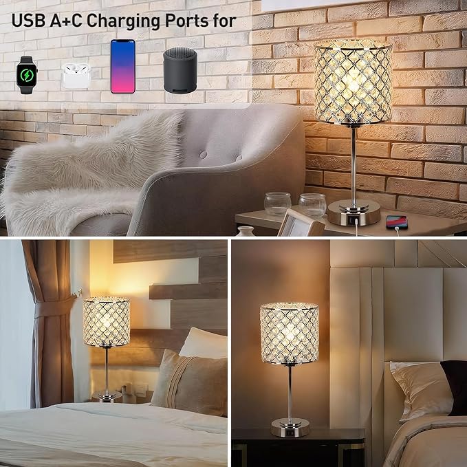 GyroVu Crystal Table Lamp for Bedroom Living Room, Touch Control Bedside Lamp with USB C+A Ports - Dimmable Nightstand Lamp Modern Light, Bulb Included