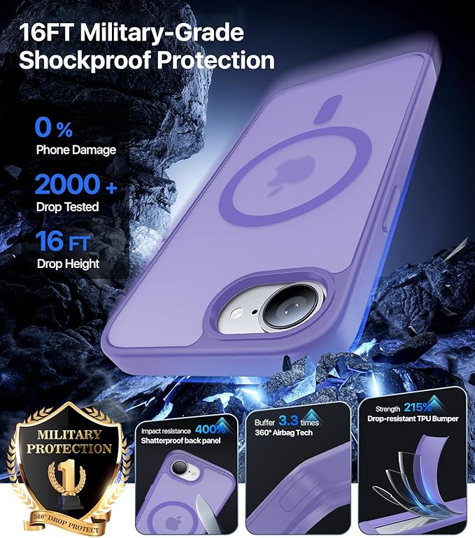 Eastinbox Magnetic Shockproof for iPhone 17e & iPhone 16e Case [Compatible with MagSafe] [Military-Grade Protection] Anti-Yellowing, Matte Protective Phone Case for iPhone 17 e/16 e 6.1",Light Purple