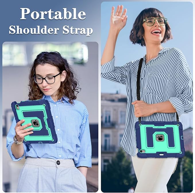Kids Friendly Case for iPad Air 11 Inch M4 M3 M2 2026/2025/2024 Case with Pencil Holder & Shoulder Strap, Military Grade Shockproof Kickstand Hard Shell Protective Cover,Blue+Mint