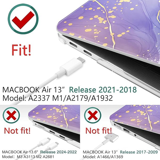 TWOLSKOO for MacBook Air 13.3 inch Case 2021 2020 2019 2018 Release M1 A2337 A2179 A1932 with Touch ID, Plastic Hard Shell Case & Keyboard Cover & Type C Adapter, Lavender Liquid Marble