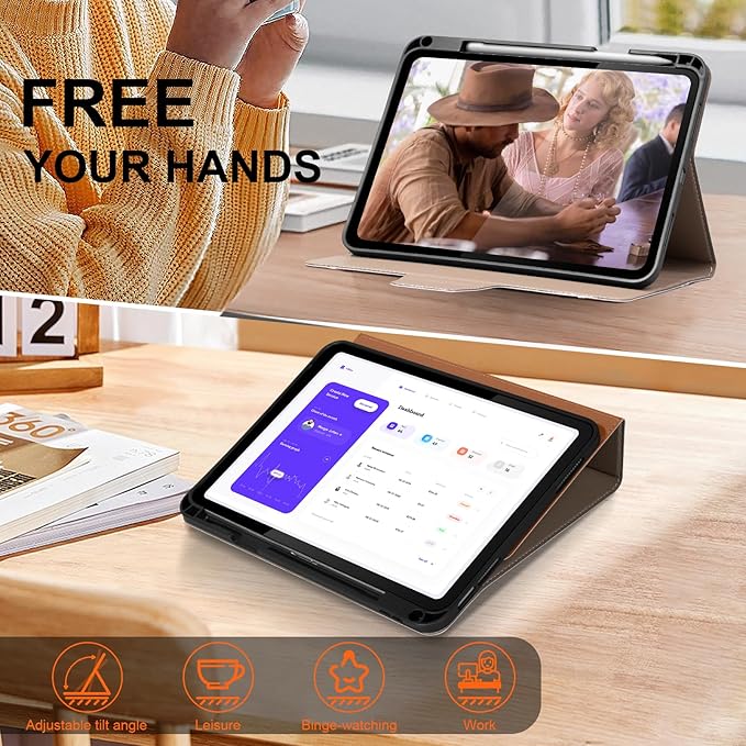 Leather Case for iPad Air 11" M4/M3/M2 (2026/2025/2024) & 10.9" 5th/4th Gen (2020/2022) with Pencil Holder & Buckle, Auto Wake/Sleep, Shockproof Adjustable Stand,Brown