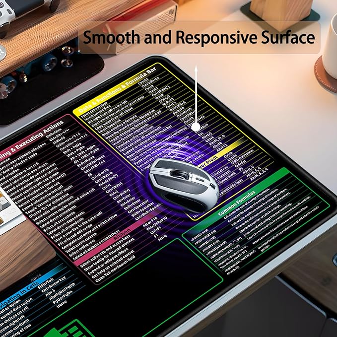 Excel Shortcuts Mouse Pad，Extended Large XXL（35.4x15.7x0.12in） Cheat Sheet，Gaming Mousepad，Giant PC Office Excel Desk Pad，Waterproof Keyboard Mat，Non-Slip Rubber Base，Stitched Edges
