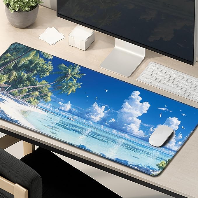 Desk Pad Gaming Mouse Pad Beach Large for Desk Computer Pc Laptop Office Decor, Mouse Keyboard Mat Stitched Edges Non-Slip Rubber 31.5x11.8 in