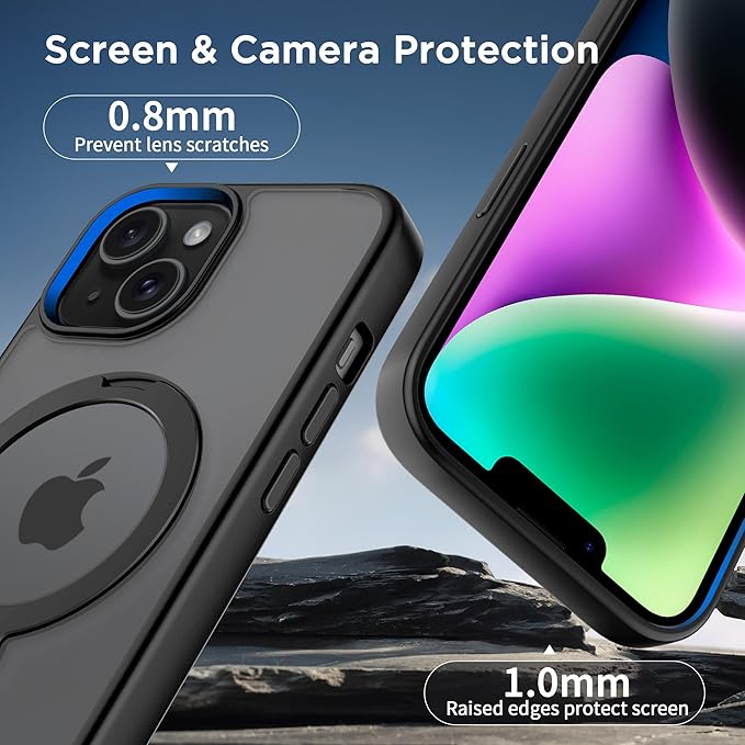 CACOE Magnetic Case for iPhone 13/14 6.1 inch with 360 Rotatable Ring Stand, Compatible with MagSafe Car Phone Mount, Cases Cover Phone Holder for Desk Meeting/Videos Matte Black