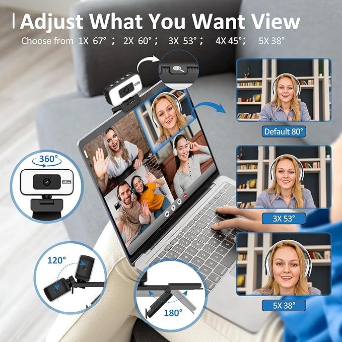 4K Webcam for Loptop, Web Camera with Light, AI PDAF AutoFocus, Zoom, Noise Canceling Microphone for PC Mac Streaming
