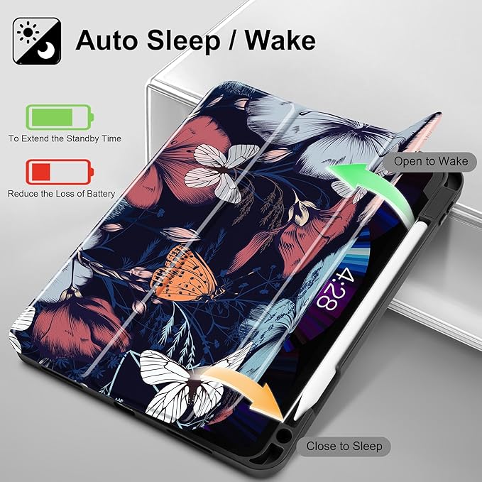 May Chen Case for iPad Pro 11 inch (4th, 3rd, 2nd & 1st Gen) 2022 2021 2020 2018, Trifold Stand + Pencil Holder + Auto Wake/Sleep + Soft TPU Protective Stand Back Cover, Flowers & Butterflies