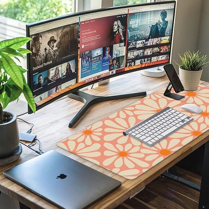 iCasso Desk Mat, Desk Matt for Desktop, Cute Desk Pad Mat, XXL Large Mouse Pad for Desk, Anti-Slip Big Mousepad with Stitched Edges, Keyboard Pad Mouse Mat for Computer, Work, Gaming (Orange Floral)