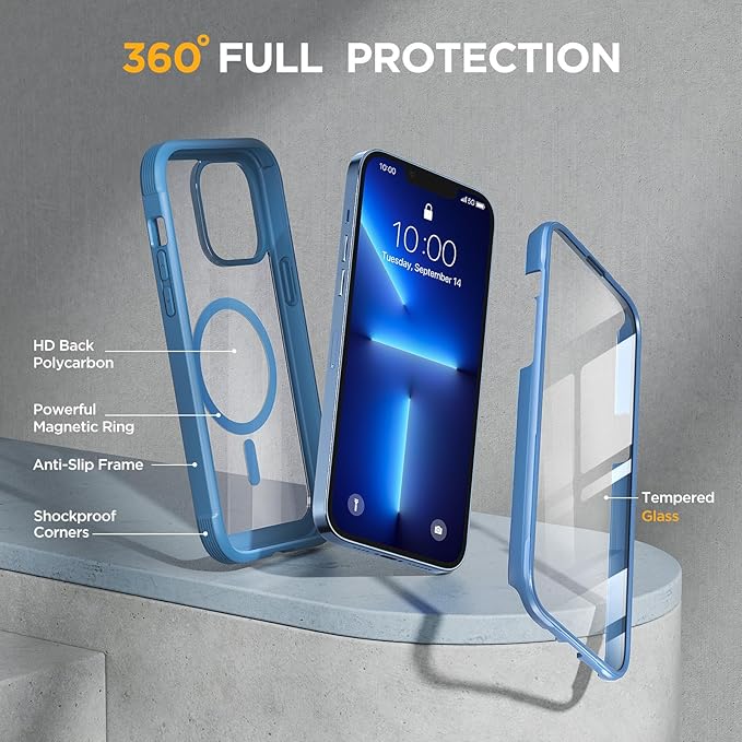 Miracase for iPhone 13 Pro Case 6.1",Full-Body Protection,Clear Bumper Case with Built-in 9H Tempered Glass Screen Protector,Military-Grade Drop Protection Outdoor Phone Case for iPhone 13 Pro,Blue