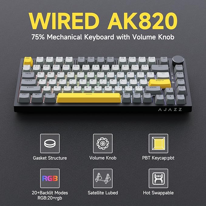 Ajazz 75% Mechanical Gaming Keyboard with Volume Knob, Gasket Mount Wired Custom Keyboard, South-Facing RGB Backlit, PBT Keycaps, Pre-lubed Linear Switches, Creamy Sound for Office & Gaming