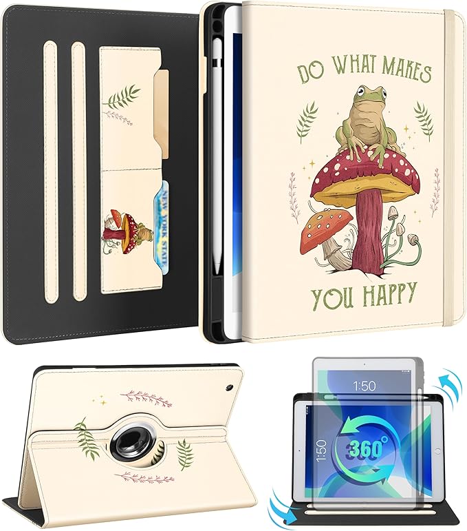 Kidcube for iPad 9th/8th/7th Generation Case 10.2 Inch - for Women Girls Kids Cute Rotating Stand Folio Cover with Pencil Holder & Card Slot Cool Frog Mushroom Design for iPad 9th/8th/7th Gen Cases
