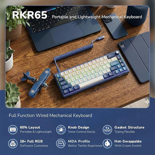 RK ROYAL KLUDGE R65 Wired Gaming Keyboard with Volume Knob, 60% Percent RGB Backlit Mechanical Keyboard Gasket Mount with PBT Keycaps, MDA Profile, QMK/VIA, 66 Keys Hot Swappable Cream Switch, Blue