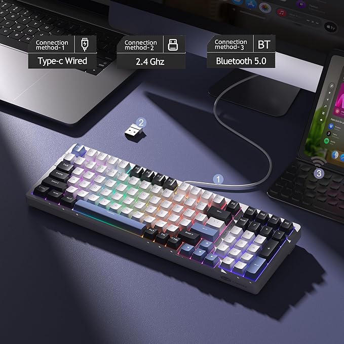 MageGee LIGHT100 Wireless Creamy Keyboard, Gasket Structure Hot Swappable, Tri-Mode 2.4G/USB-C/BT5.0 RGB Backlit Mechanical Gaming Keyboard for Win/Mac/PC, PBT Keycap, 4000mAh Battery, Blue