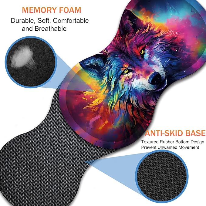 Extended Non-Slip Mouse Pad + Mouse Wrist Rest + Lace-Shaped Coaster Set, Ergonomic Design, Suitable for Desk and Home Gaming Table Mat, Colorful Space Wolf