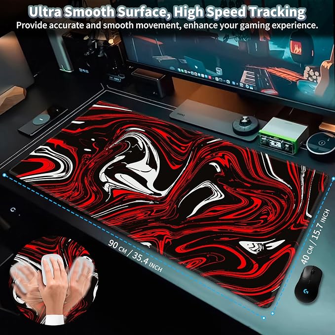 Gaming Mouse Pad, Red and Black Swirl Big Desk Pad for Keyboard and Mouse, Extended 35.5" X 15.75" In Computer Keyboard Mouse Mat 3mm Thick XXL Rubber Mousepad for Laptop Gamer, Fluid Marble