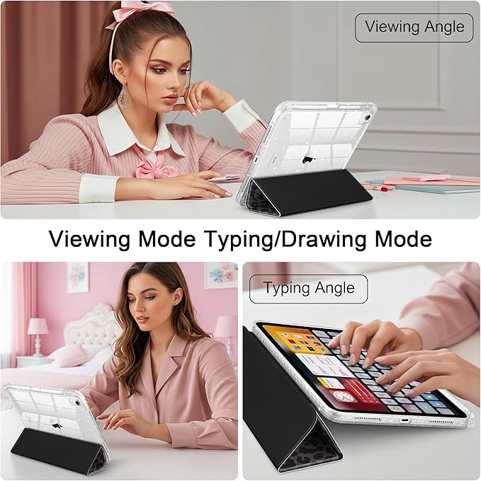 DONGKE for iPad Pro 11 inch Case – Fits M5 2025 / M4 2024, Shockproof Sparkling Glitter Acrylic Back, Pencil Holder, Trifold Stand, Auto Sleep/Wake & Touch ID Support - Black Leopard