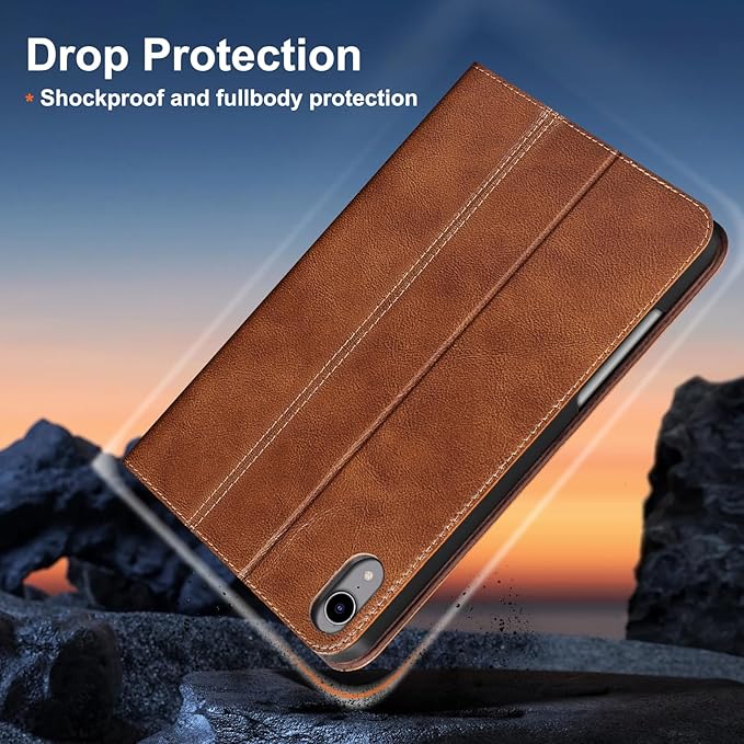 Gexmil Leather Case for iPad mini 7 (A17 Pro) 2024 / iPad mini 6 Generation 2021 8.3 Inch,Premium Cowhide Cover with Pencil Holder,Adjustable Stand, Auto Wake/Sleep,Vegetable Tanned Brown