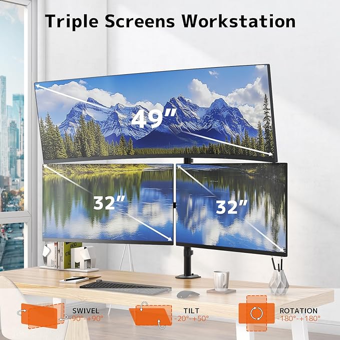 PUTORSEN Triple Monitor Mount for Up to 49" Ultrawide and 32" Monitors per Side Arm, Extra Tall 3 Monitor Desk Mount Holds up to 44 lbs, VESA 75/100 mm