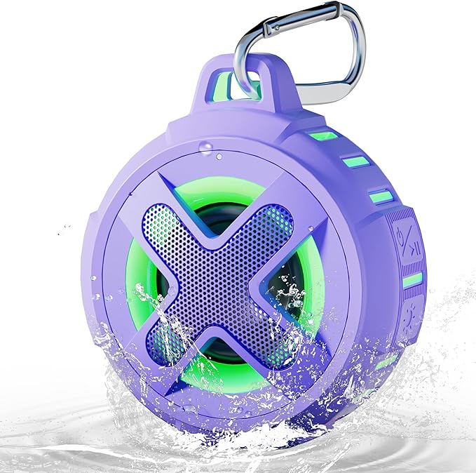 XLeader X8(2 Gen) Upgraded, Bluetooth Shower Speaker, Certified IP67 Waterproof, Small Wireless, Silicone Case, 10W Pro Sound&Deep Bass, 24Hrs Playtime, with Portable Clip, for Beach Kayak Gift Purple