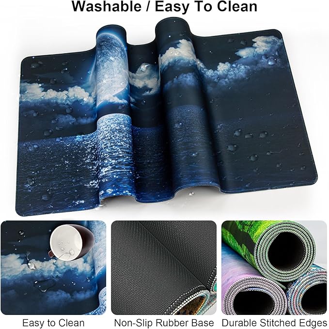 Keyboard Wrist Rest + Mouse Pad with Wrist Support + Desk Mat + Coaster 4 in 1 Set, XXL Large Gaming Mousepad Cute Ergonomic Mouse Pads for Desk Computer Laptop Office Decor-Moon Ocean