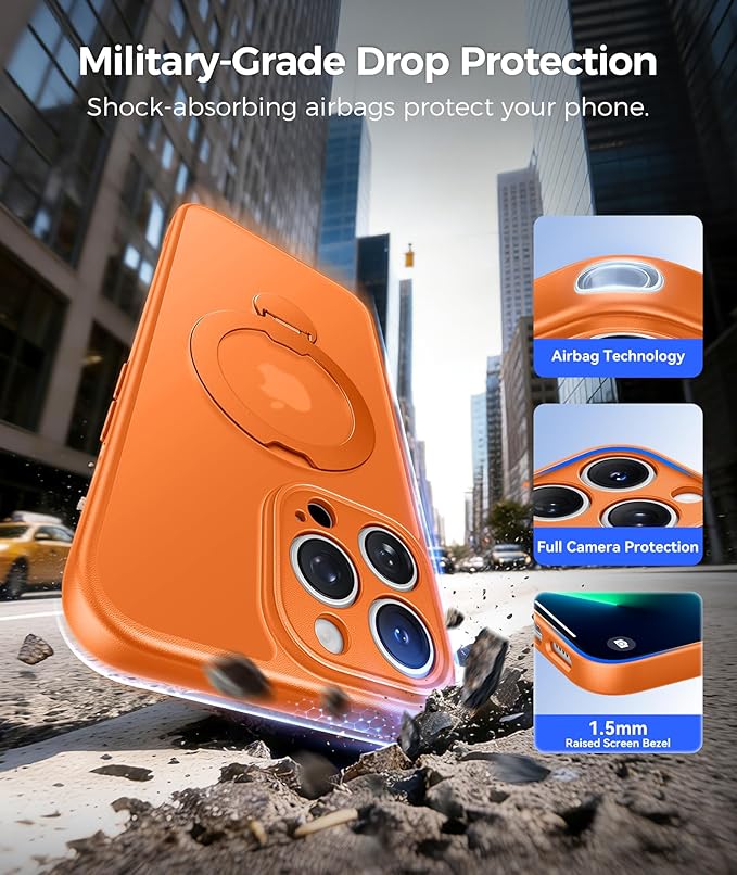 FNTCASE for iPhone 13 Pro Case: [360 Spin Magnetic Stand] [Compatible with Magsafe] [Screen Protector] Translucent Matte Military Grade Shockproof Full Camera Protective Phone Cover - Orange