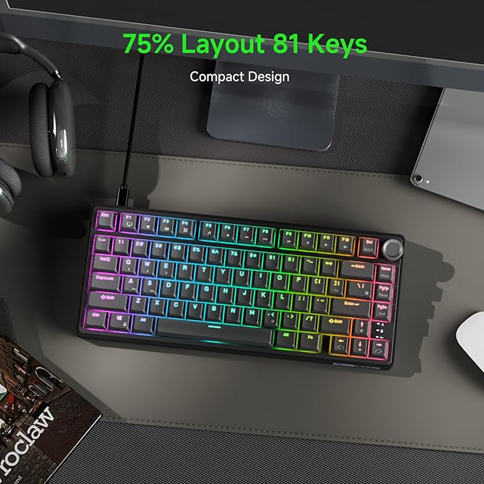 RK ROYAL KLUDGE R75 Wired Mechanical Gaming Keyboard, 75% Hot-Swap Mechanical Keyboard Volume Knob, Soft Pre-lubed Tactile Brown Switch
