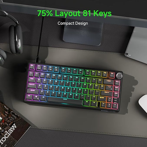 RK ROYAL KLUDGE R75 Wired Mechanical Gaming Keyboard, 75% Hot-Swap Mechanical Keyboard Volume Knob, Soft Pre-lubed Tactile Brown Switch
