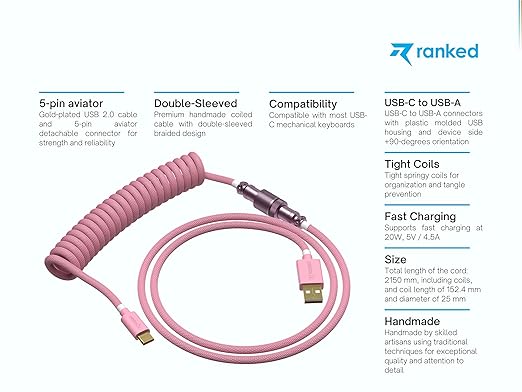 Ranked Coiled Keyboard Cable | Handcrafted Double-Sleeved Braided Cable | USB Type C to A | 5-Pin Aviator Connector for Custom Mechanical Gaming Keyboard | Support Fast Charge 20W (Pink)
