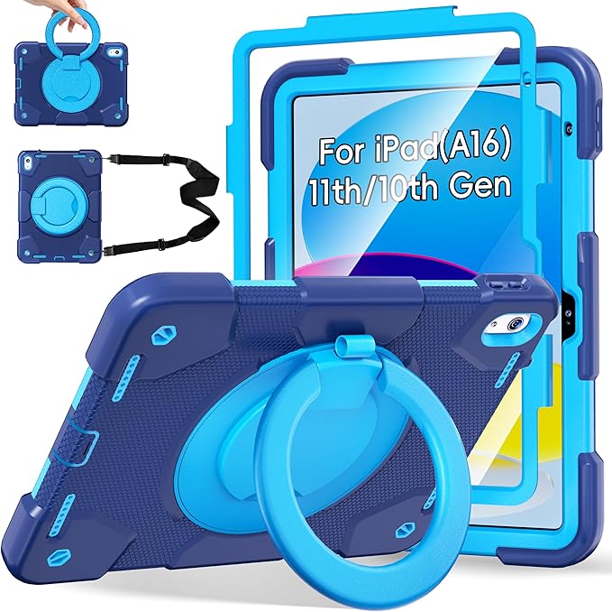 Andnary Case for iPad (A16) 11th /10th Generation 11/10.9 Inch 2025/2022 with Screen Protector/360° Rotate Stand/Shoulder Strap/Pencil Holder, Shockproof iPad 11th/10th Gen Cover (Navy+Blue)