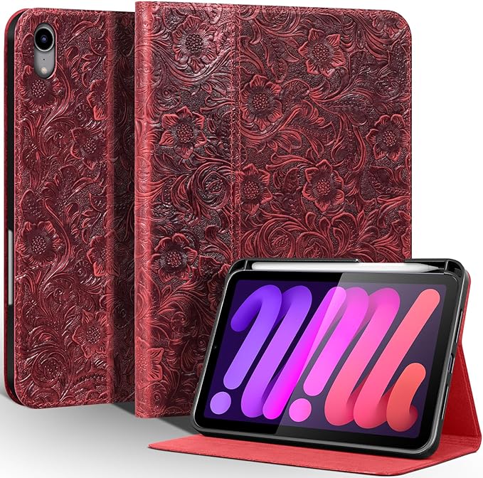 Gexmil Leather Case for iPad mini 7 (A17 Pro) 2024 / iPad mini 6 Generation 2021 8.3 Inch,Premium Cowhide Cover with Pencil Holder,Adjustable Stand, Auto Wake/Sleep,Floral Red