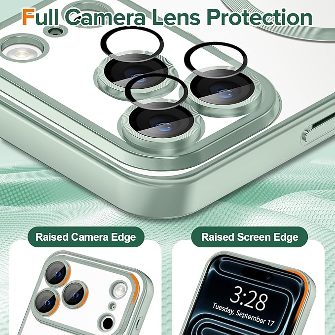 Hython Magnetic Clear for iPhone 17 Pro Case with Camera Lens Protector [Compatible with MagSafe] Luxury Plating Edge Slim Soft TPU Cover Protective Phone Case for iPhone 17 Pro 6.3", Matte Mint